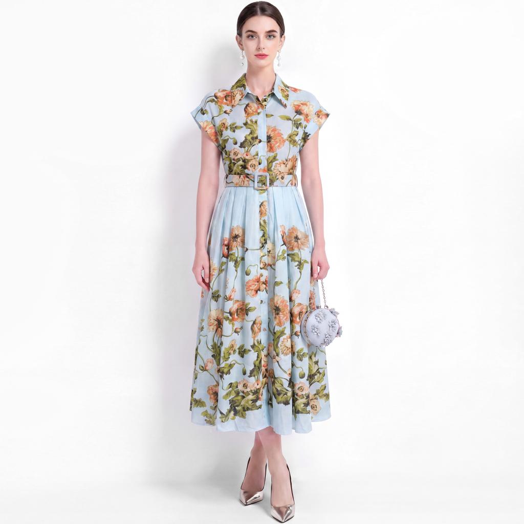 Elegant Floral Print Midi Shirt Dress for Women Summer Cap Sleeve Lapel Button Down Waist Belt A-Line Dress Holiday Outfits