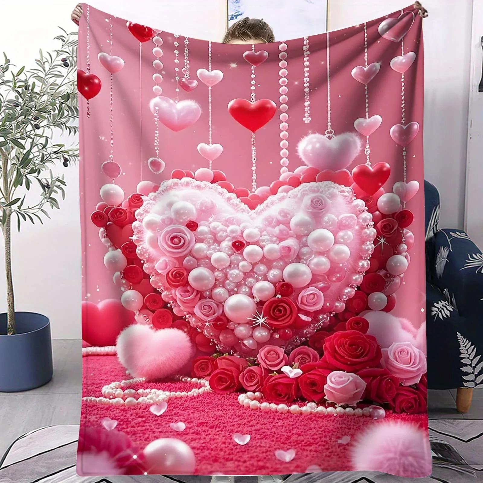 Valentine s Heart & Rose Flannel Blanket - Romantic Sofa Throw for Date Nights Warm Lap Wrap for Cozy Lounging Soft Blanket 70x100cm