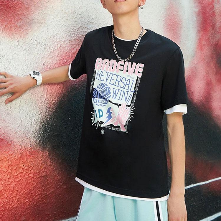 Li-Ning Badfive Sports Basketball Series Theme Print Knit Sports Short Sleeve T-Shirt Men Tops Black AHSR475-5