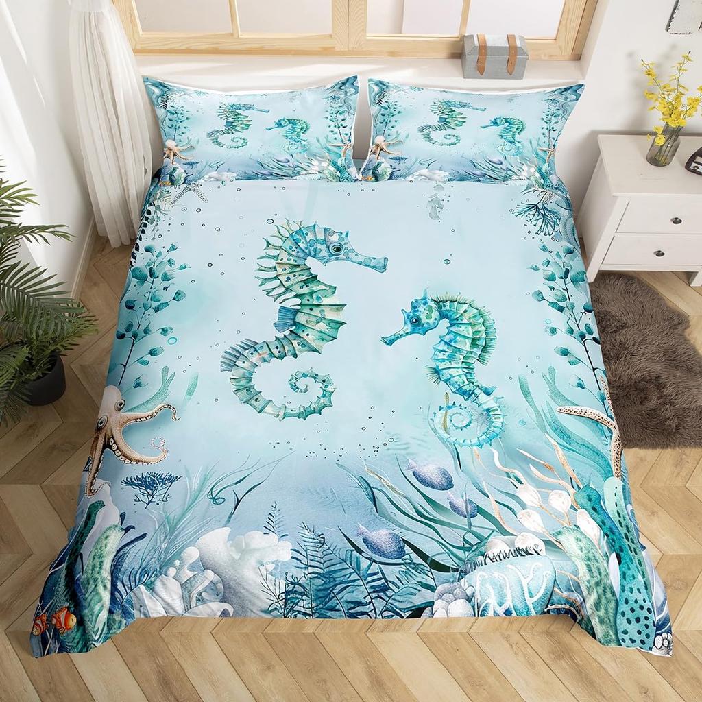 Seahorse Duvet Cover Sets For Kids Teens Queen Lightweight Bedding Sets Ocean Animal Bedspread Covers Bedroom Decor No Comforter