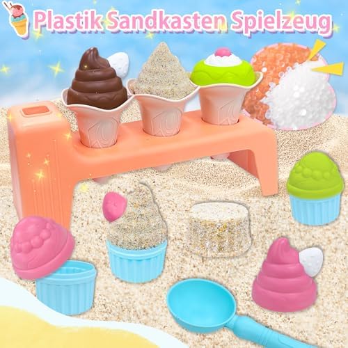 Eisständer Ice Cream Sand Toy Set, Kids Beach Toys for Ages 3+, Outdoor Role Play with Shovel, Cones & Cake Molds