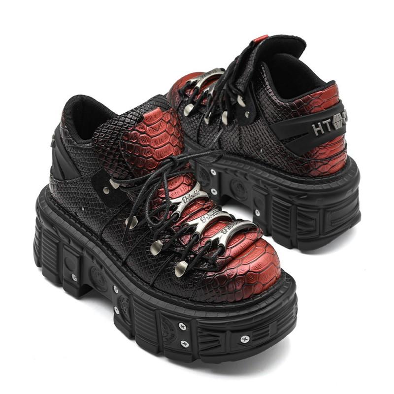 Womens Punk Platform Combat Boots Wine Red Snake Print Chunky Sole High Heel Lace-Up Ankle