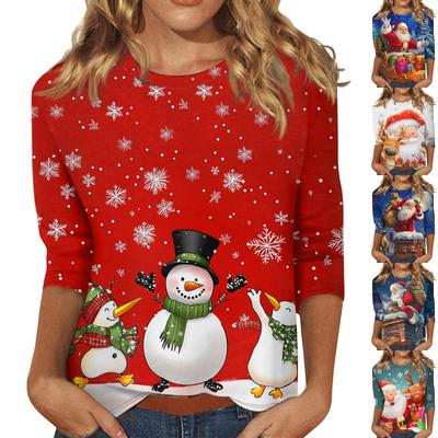 Women's Fashion Casual Round Neck 3/4 Sleeve Loose  Printed T-Shirt Ladies Top