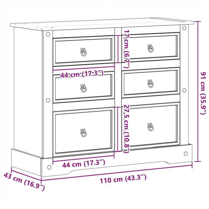 VidaXL Commode Corona 110x43x91 cm bois massif de pin, commode à tiroirs, classeur, armoire à tiroirs, armoire de rangement, 4005676