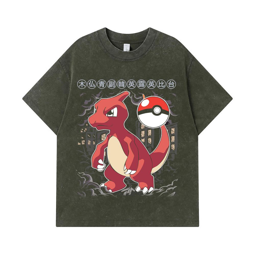 275 GSM Washed T-shirts 100% Cotton Pokemon V23 Charmander Print Unisex Heavy Cotton T Shirt S