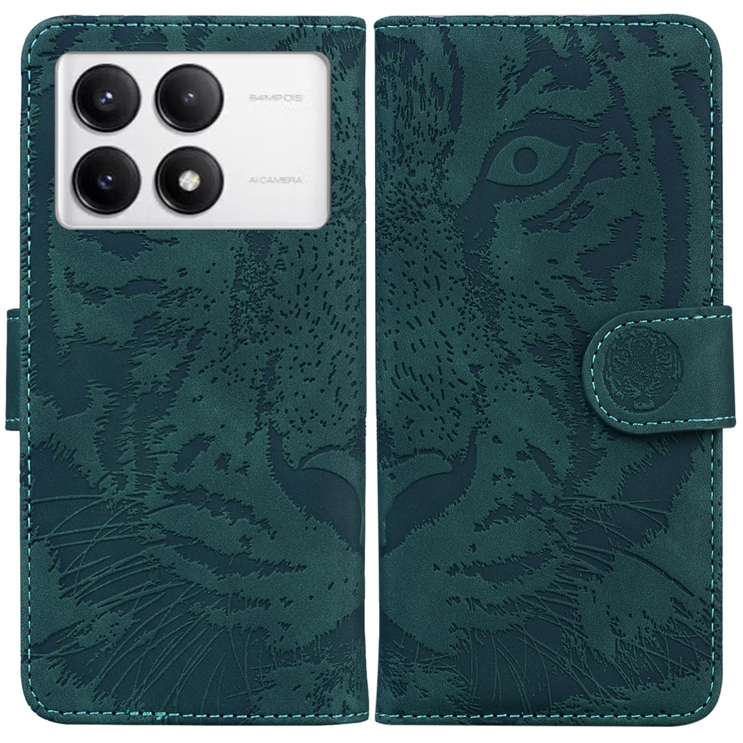 

For Xiaomi Poco F6 Pro 5G/Redmi K70 5G/K70 Pro 5G Phone Case Tiger Imprint Stand Leather Cover Green