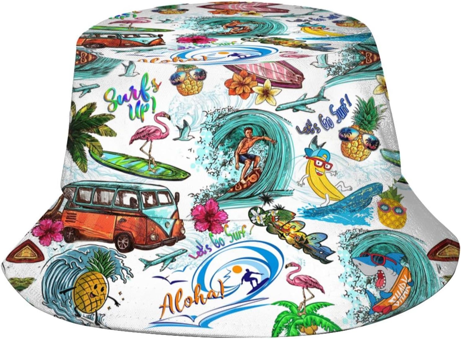 Hawaiian Aloha Surf Print Bucket Hat Tropical Beach Vibe Sun Hat For Men Women Summer Vacation Travel Outdoor Protection Cap One Size