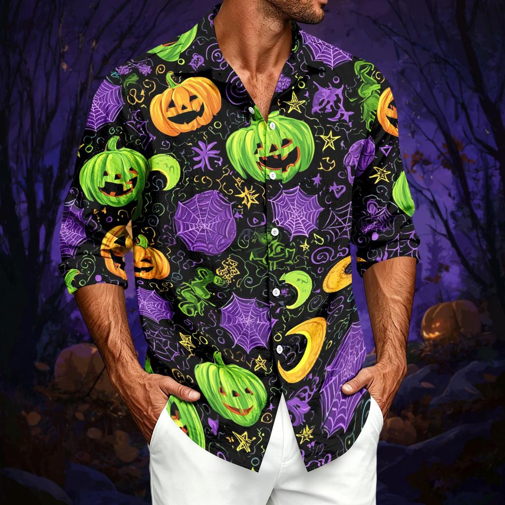 Men's Casual Long-Sleeve Shirt with Halloween Print for Spring ,Summer and Fall
