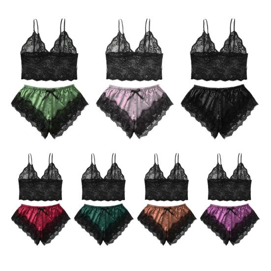 2 Pcs/Set Lady Pajamas Satin Bow Sleeveless Crop Top See-Through Lace Patchwork