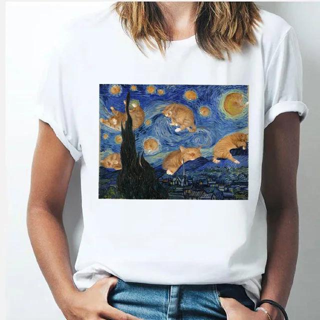 Oil Painting Cat Women's Fashion Personality Spoof Classic Oil Painting T-shirt Women Clothing Tops Harajuku Aesthetic Oversized