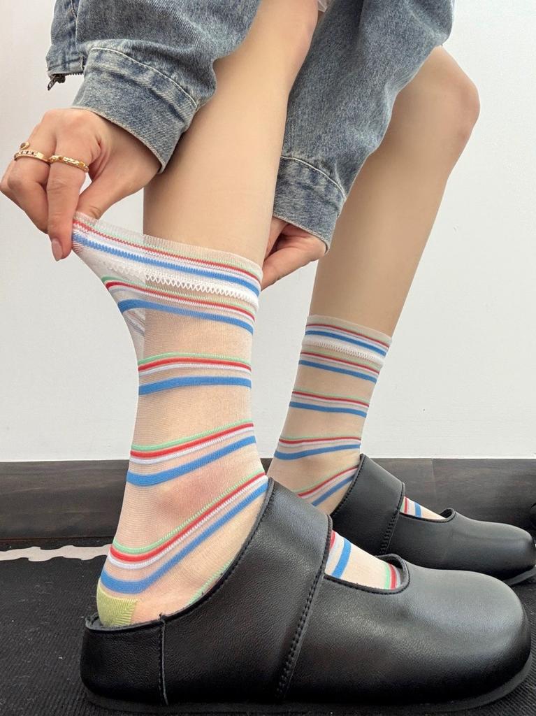 Summer Women Socks Ultra-thin Transparent Crystal Silk Socks Women Cartoon Print Japanese Kawaii Cute Funny Elastic Long Socks
