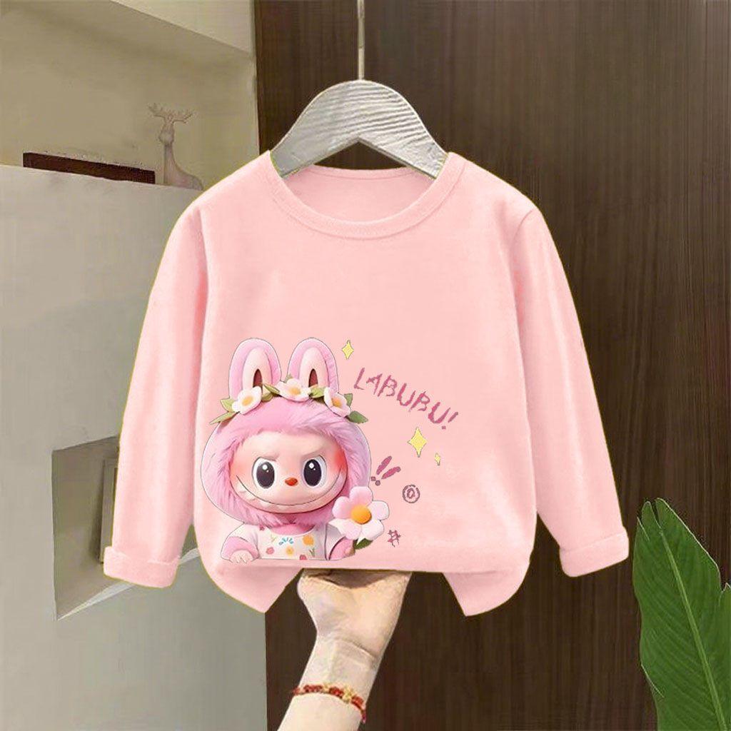 Girls' Round-neck Long-sleeved Base Layer Shirt, Sweet Pure Cotton for Children Spring and Autumn