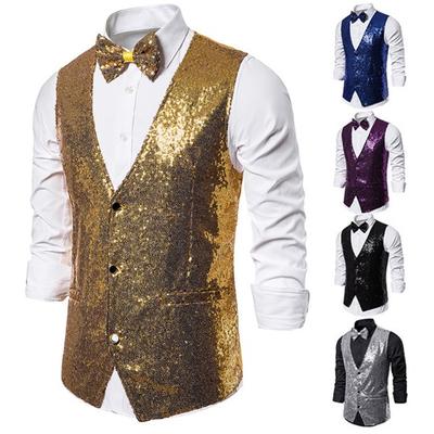 Colete masculino conjunto de arco brilhante lantejoulas sem mangas fino ajuste cardiagn single-breasted decote em v palco mostrar emcee desempenho colete masculino