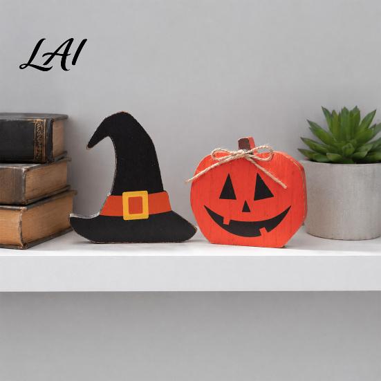 Farmhouse Seasonal Table Decor Halloween Sign Wooden Pumpkin Ghost Bat Block Rustic Decorations Tiered Tray Ornament for Tabletop Home Office Indoor