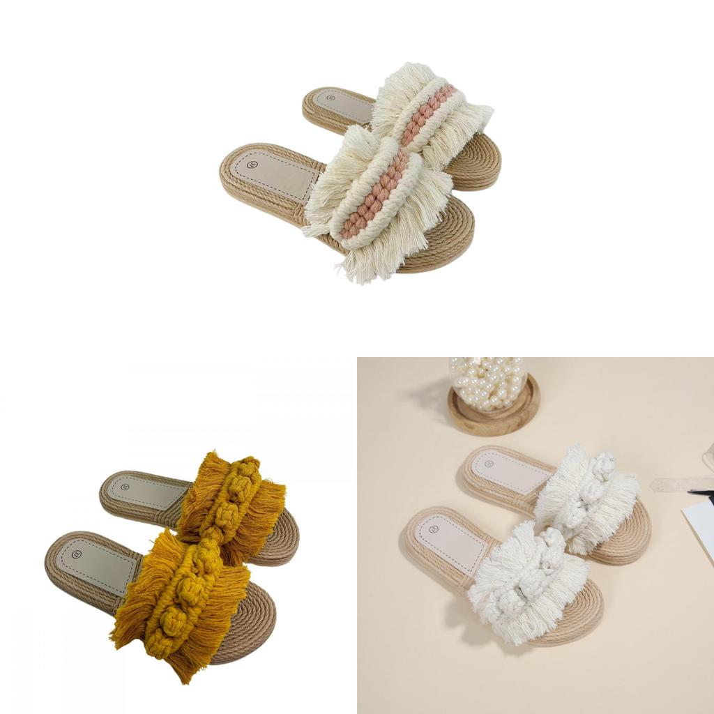 Cotton Thread Handwoven Tassel Ladies Summer Flat Slippers With Non Slip Sole For Casual Wear