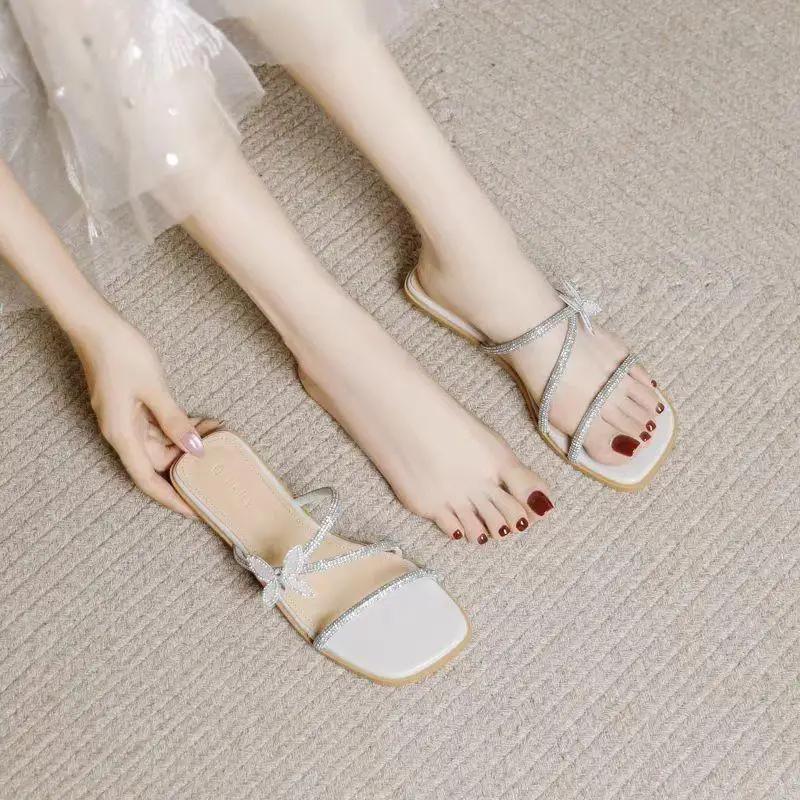 Glitter Slides Sløyfeknute Flatsko Dame Damesko Tøfler Slipers Kvinner Jelly Luksus Sommer 2025 Sløyfeknute