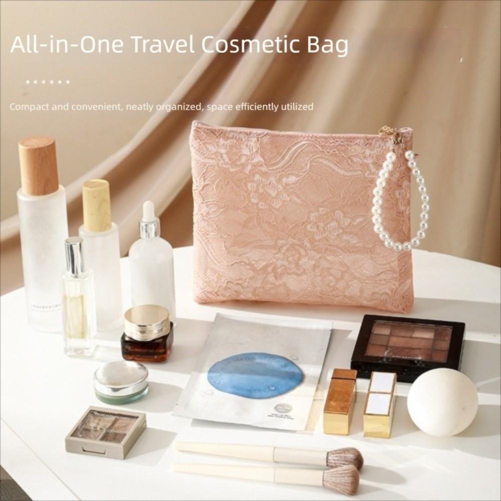 New Portable Lace Cosmetic Pouch Multifunctional with Imitation Pearl Chain Makeup Bag Wallet Travel Organizer