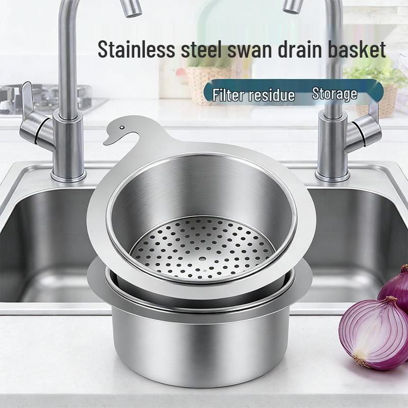 Swan Stainless Steel Sink Drain Basket with Hanging Rack for Dry/Wet Separation and Vegetable Washing.