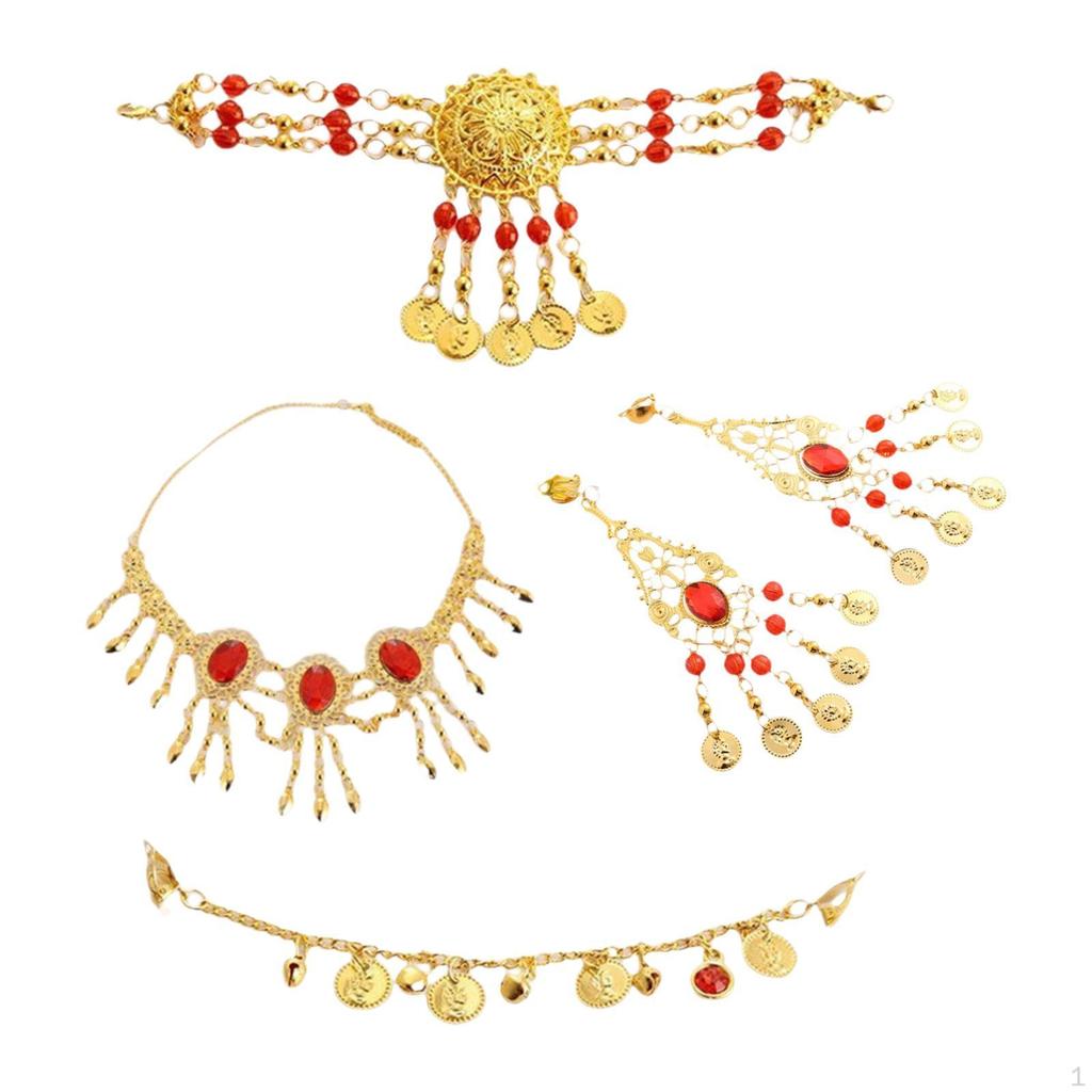 5 Pieces Belly Dance Jewelry Set Women’ Head Chain Tassel Necklace Earrings Nose Iron Alloy