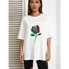 White Oversized T-Shirt With Rose Flower Print For Casual Wear