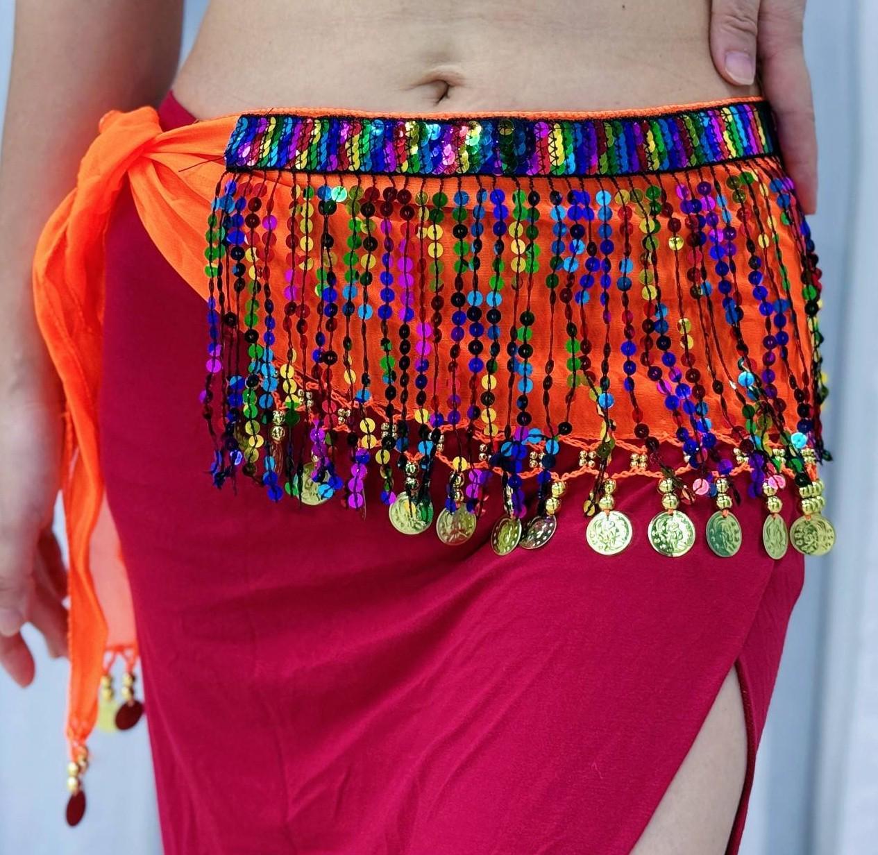 

Belly Dance Sequin Tassel Costume: Waist Chain, Armbands, Skirt for Stage Performance 40 Coin Purple