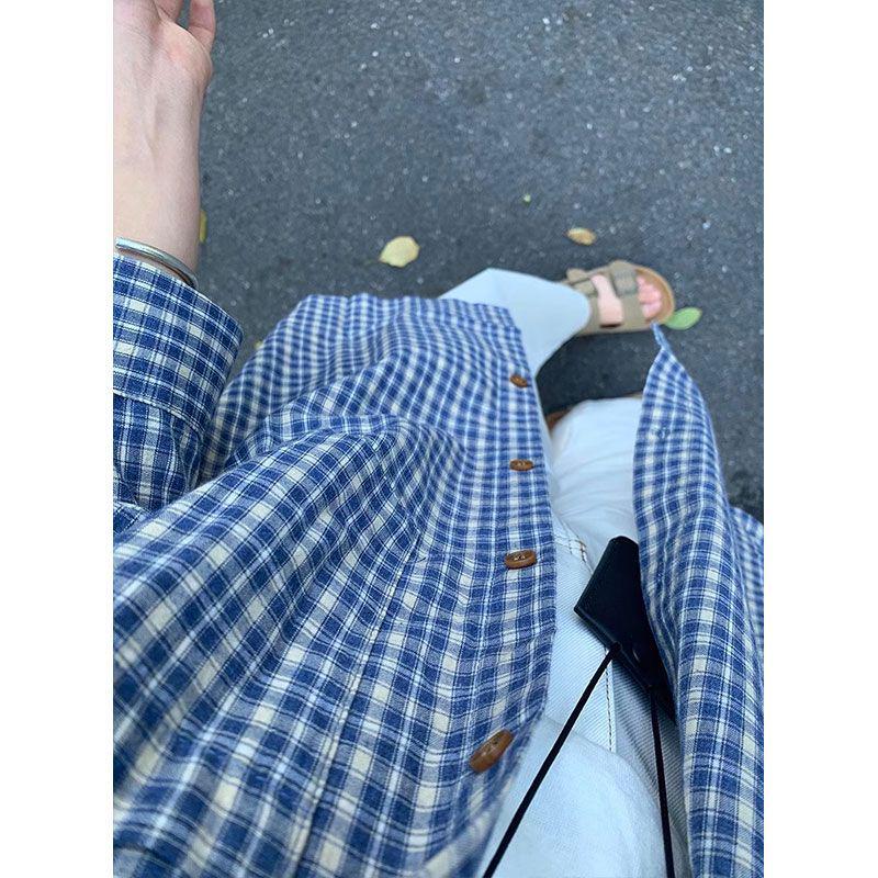 Damen Retro Blau Kariertes Oversize Hemd - Frühling/Sommer Harajuku Stil