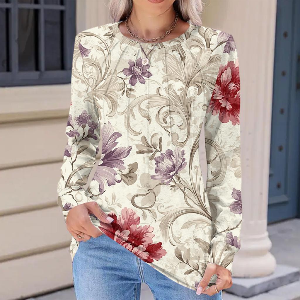 Women's Fashionable Casual Floral Retro Print Pleated Comfortable Round Neck Loose Long Sleeve T-shirt Top