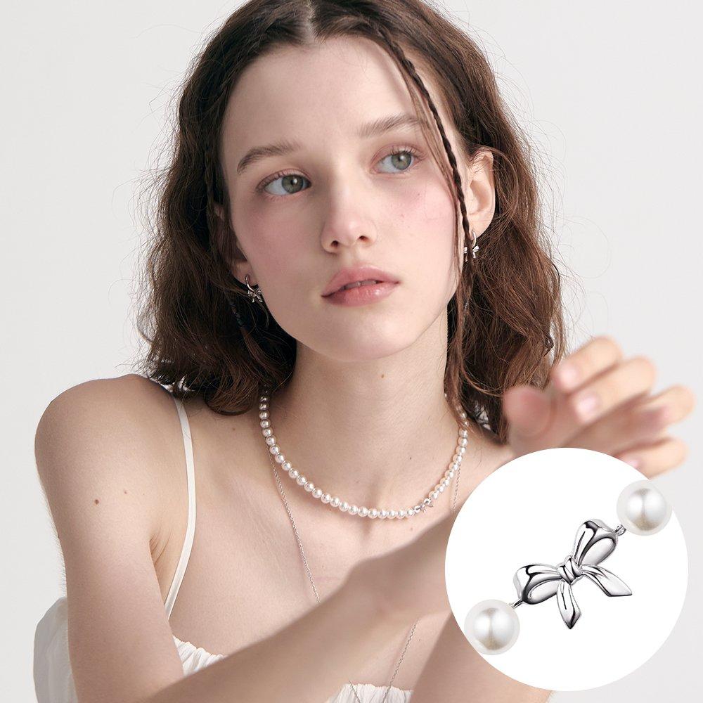 [Rosemont] Silver Ribbon Pearl Necklace Ra24C48E