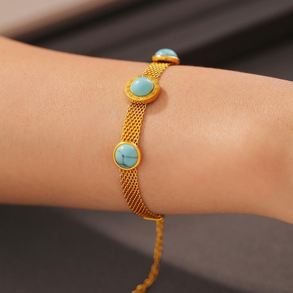 18K Gold Plated European-Style Turquoise Mesh Bracelet with Retro Design