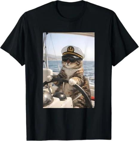 Funny Captain Cat Print TShirt Sailor Kitten on Boat Graphic Tee Casual Round Neck Short Sleeve Tops for Summer Daily Wear