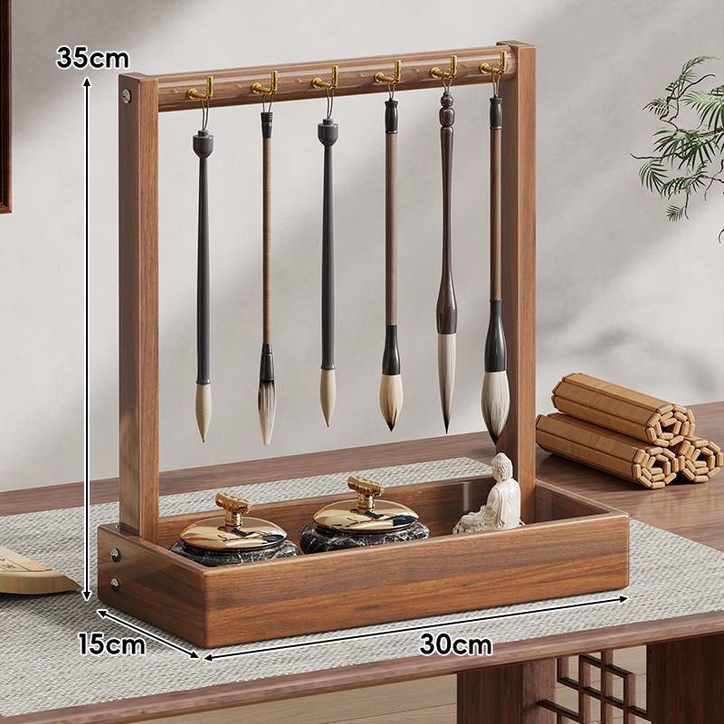 Solid Wood Calligraphy Brush Holder: Desktop Pen Rack with Scholar's Treasures Ornament and Metal Hook Design.