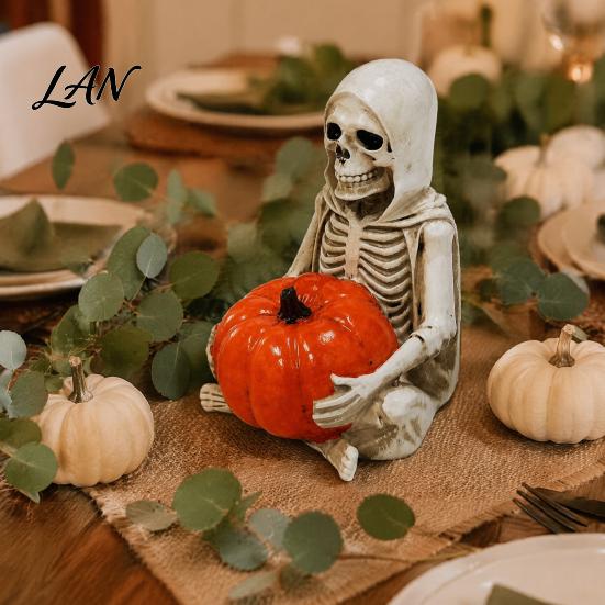 Wear-resistant Resin Craft Skeleton Holding Pumpkin Figurine, Grim Reaper Statue, Halloween Gothic Shelf Decor Spooky Table Ornament, Trick