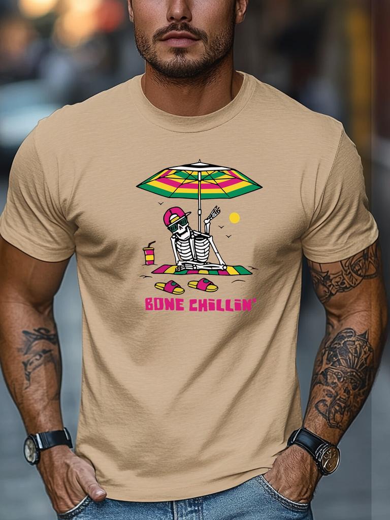 Mens Summer Beach TShirt Bone Chillin Skeleton Print Cotton Short Sleeve Round Neck Breathable Oversized Relaxed Daily Wear