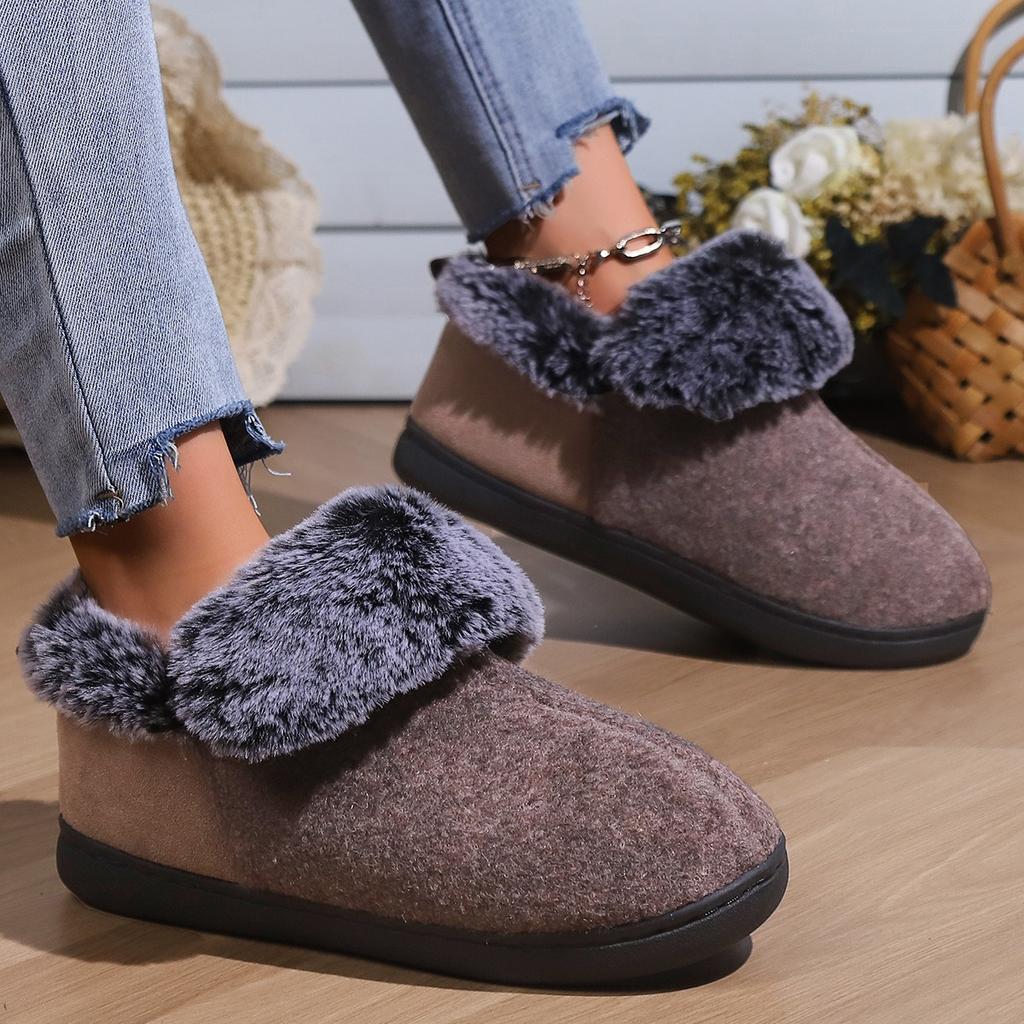 Neutral Felt Fur Collar Bag Heel Cotton Shoes Wine Red Winter Indoor Shoes Comfortable Memory Cotton Winter Version