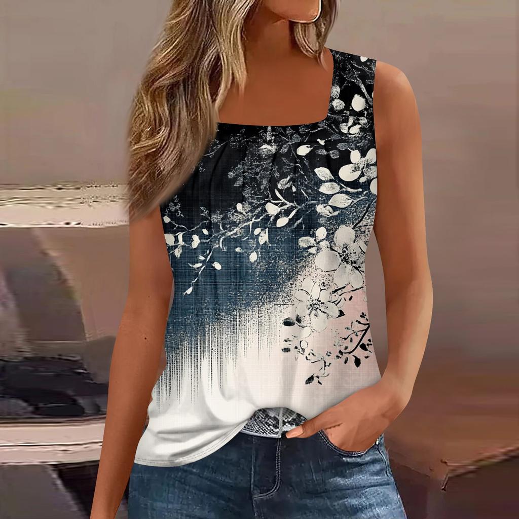 Dámské letní ležérní plisované tílko bez rukávů se čtvercovým výstřihem s potiskem