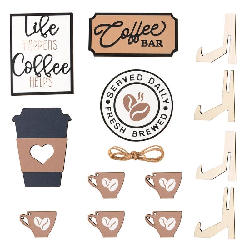 Coffee Bar Tiered Tray Decoration Wooden Coffee Sign Mini Coffee Cup Rustic Table Centerpieces for Farmhouse Kitchen