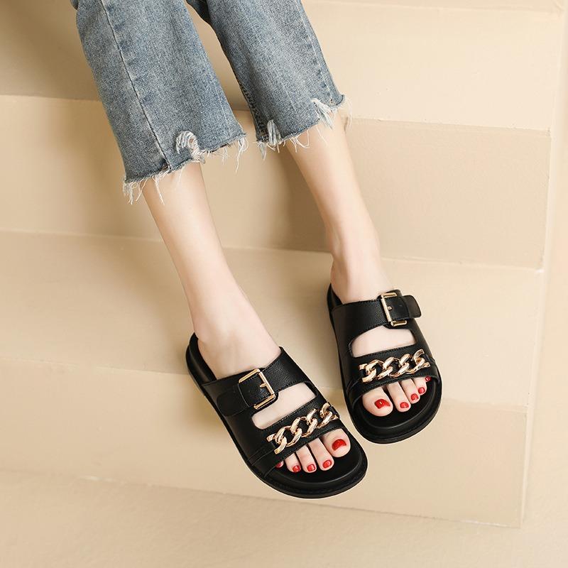 Leather thick-soled cool slippers for women to wear summer fashion beach flat heel one-word large size women's shoes-4