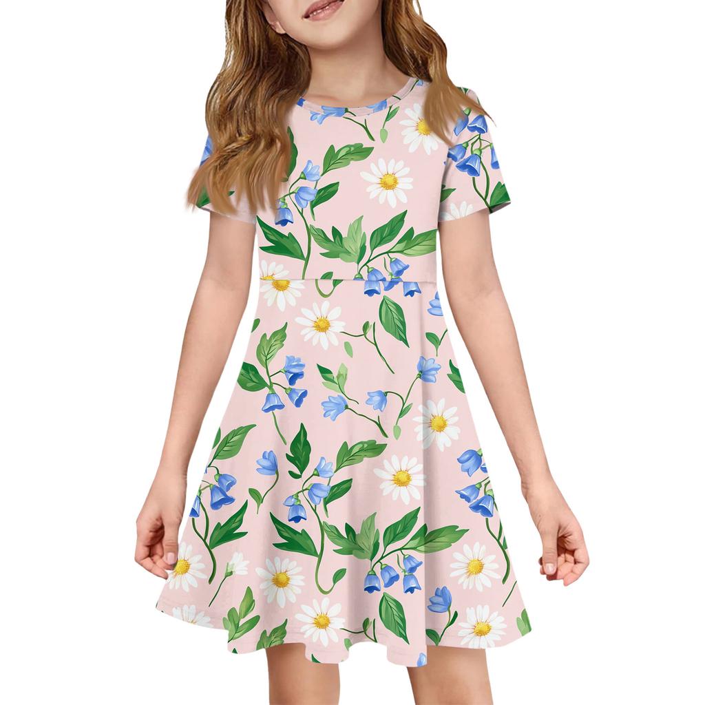 Girl Summer Dress Color & Print Short Sleeve Dress With Pocket Casual Dress Shorts Sleeve Party Dress Easter Day