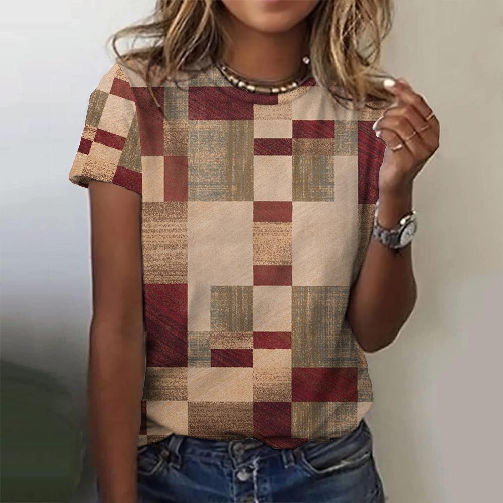 Summer Women's T Shirt Plaid Pattern Print Casual Short Sleeve Crew Neck Tops Fashion Street Oversized Female Clothing Pullover