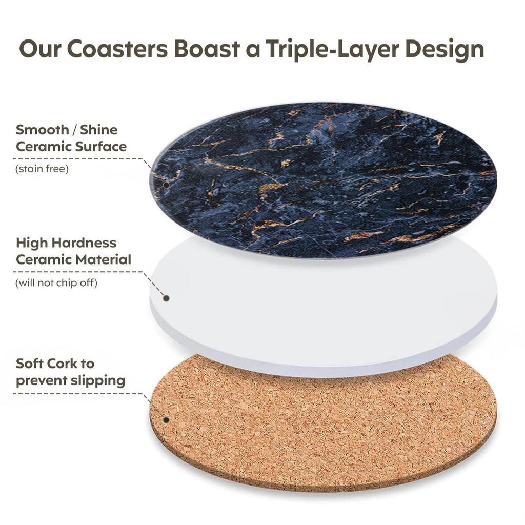 Ceramic Coasters with Matt Finish On Top & Cork Base | Coasters for Cups Set of 6 |