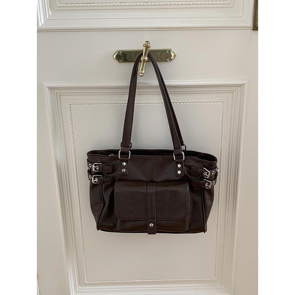 IELGY Ladies Tote Bag Coffee Color Motorcycle Bag Fashion Retro Large Capacity One-Shoulder Commuter Bag