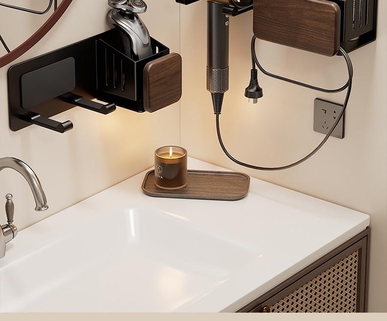 Walnut Hair Dryer & Makeup Brush Organizer, No-Drill Wall Mount