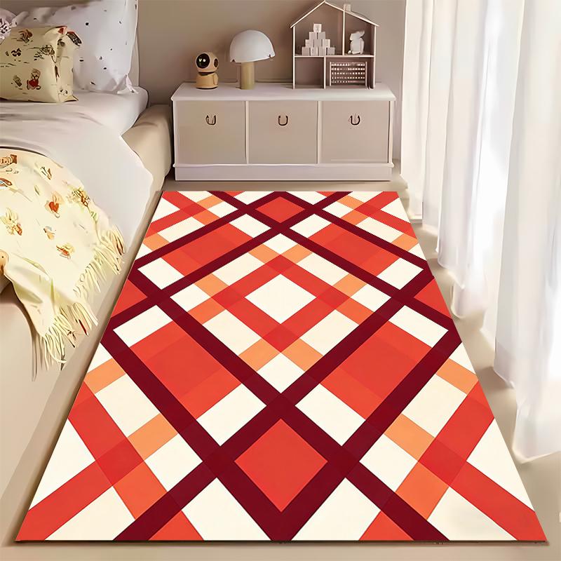 Geometric Pattern Carpet with Red and Orange Plaid Design, Modern Style Suitable for Use As an Anti-slip for Living Room Bedroom Sofas
