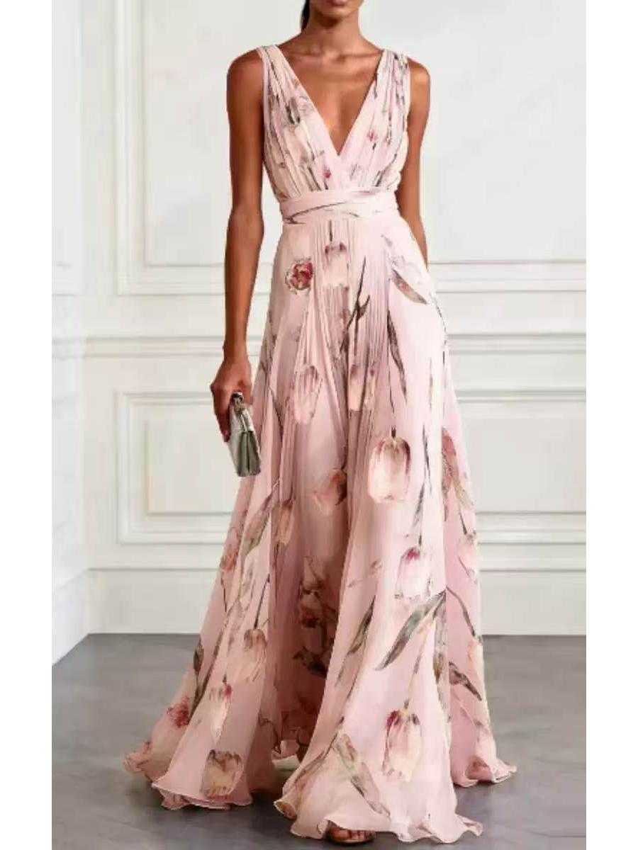 

2026 Tulip Print Sleeveless V-Neck Long Evening Dress for Women XXL