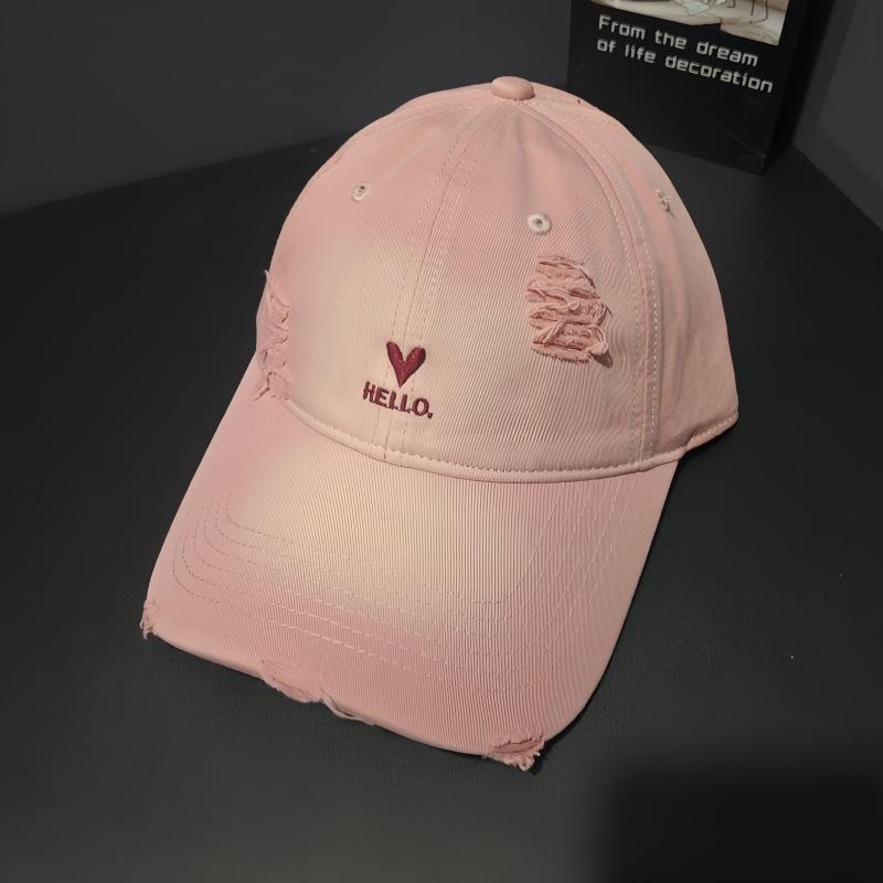 Love Embroidery Ripped Baseball Cap Women's Wide Brim Showing Face Small Versatile Cap Soft Top Big Head Circumference Deep Top Hat
