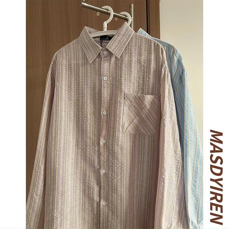 Japanese Style Vintage Striped Shirt Men's Long-Sleeved Spring and Autumn Loose Casual Shirt Trendy Pu Handsome Patch Jacket