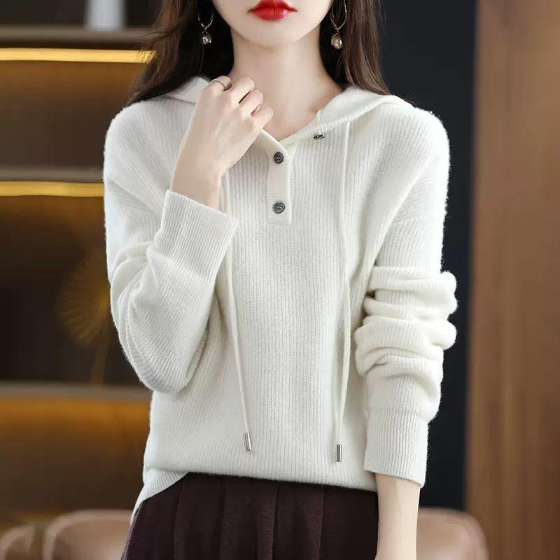 Autumn and Winter Women's Hooded Sweater Knitted Sweater Pullover Sweater Loose Fitting Hooded Base Sweater