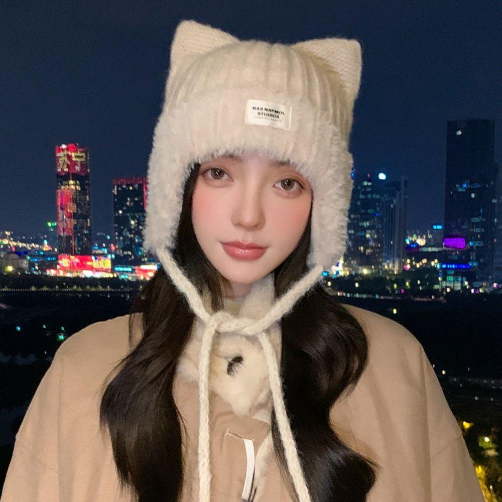Polyester Cat Ear Knitted Hat 56cm To 58cm Head Circumference Warm Trapper Hat Casual Use