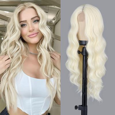 Peluca sintética larga y ondulada, rubia, de aspecto natural, para mujer, ideal para disfraz de Halloween y cosplay.