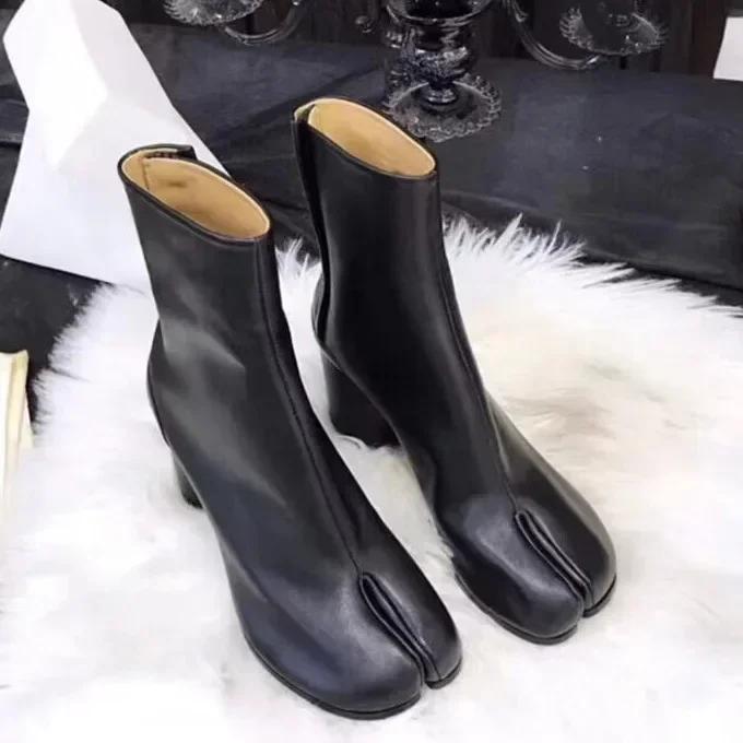 Luxury Brand Design Leather Tabi Boots Fashion Round Chunky High Heel Ankle Boots For Women Autumn Winter Split Toe Shoes